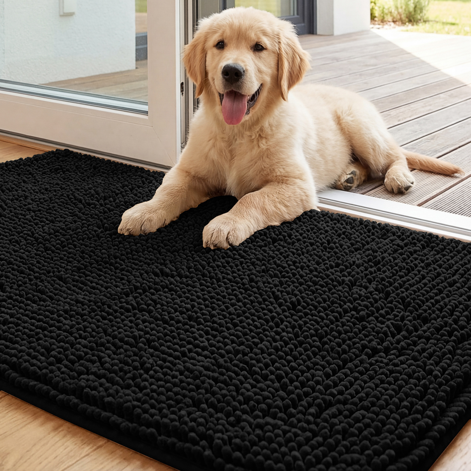 Chenille Non-slip Water-absorbent Solid-color Long-pile Pet Mat Black 17x24inch