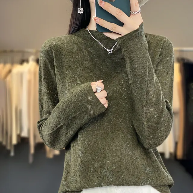 Women's Half Turtleneck Hollow Out Sweater Loose Pullover Fashionable Knitted Green - Shop at LoveMi
