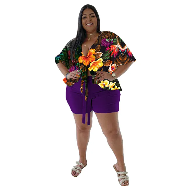 Women's Plus Size Casual T Shirt And Shorts Set With Print Purple - Shop at LoveMi