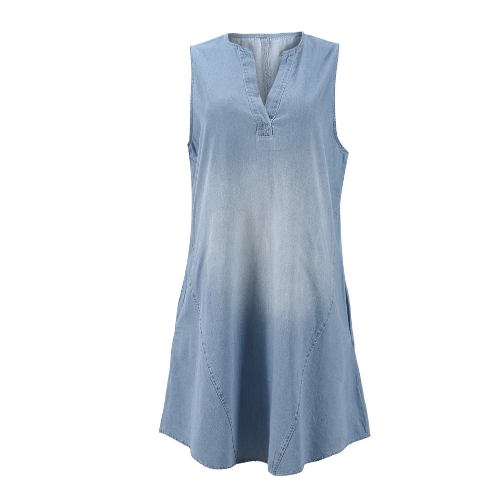 Denim Ladies' Sleeveless Casual French Style V-neck Monkey Wash Dress Women