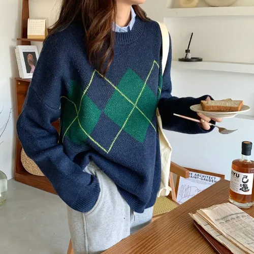 Women's Korean style Casual Rhombus Loose Pullover Sweater Navy Blue - Shop at LoveMi
