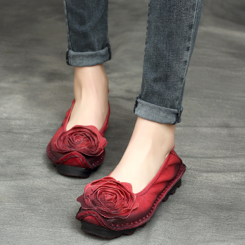 Ethnic-style Vintage Floral Flat Leather Pumps For Women
