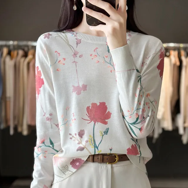 Round Neck Printed Silk Worsted Wool Sweater Pullover Red Acacia Flower - Shop at LoveMi