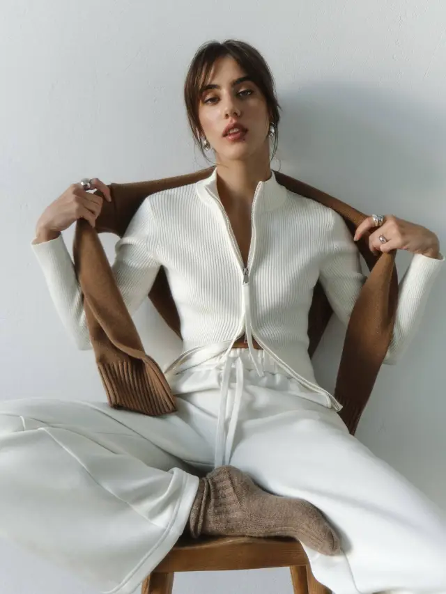 Zipper Slim Fit Top Stand Collar High Waist Trendy Long sleeve Sweater Bottoming White - Shop at LoveMi