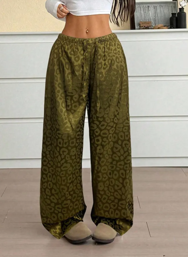 Drawstring Leopard Print Mop Wide Leg Pants Army Green - Shop at LoveMi