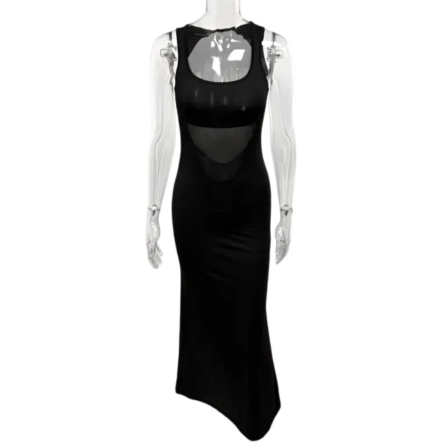 Square neck Sleeveless Sheer Patchwork Sexy Dress Black - Shop at LoveMi