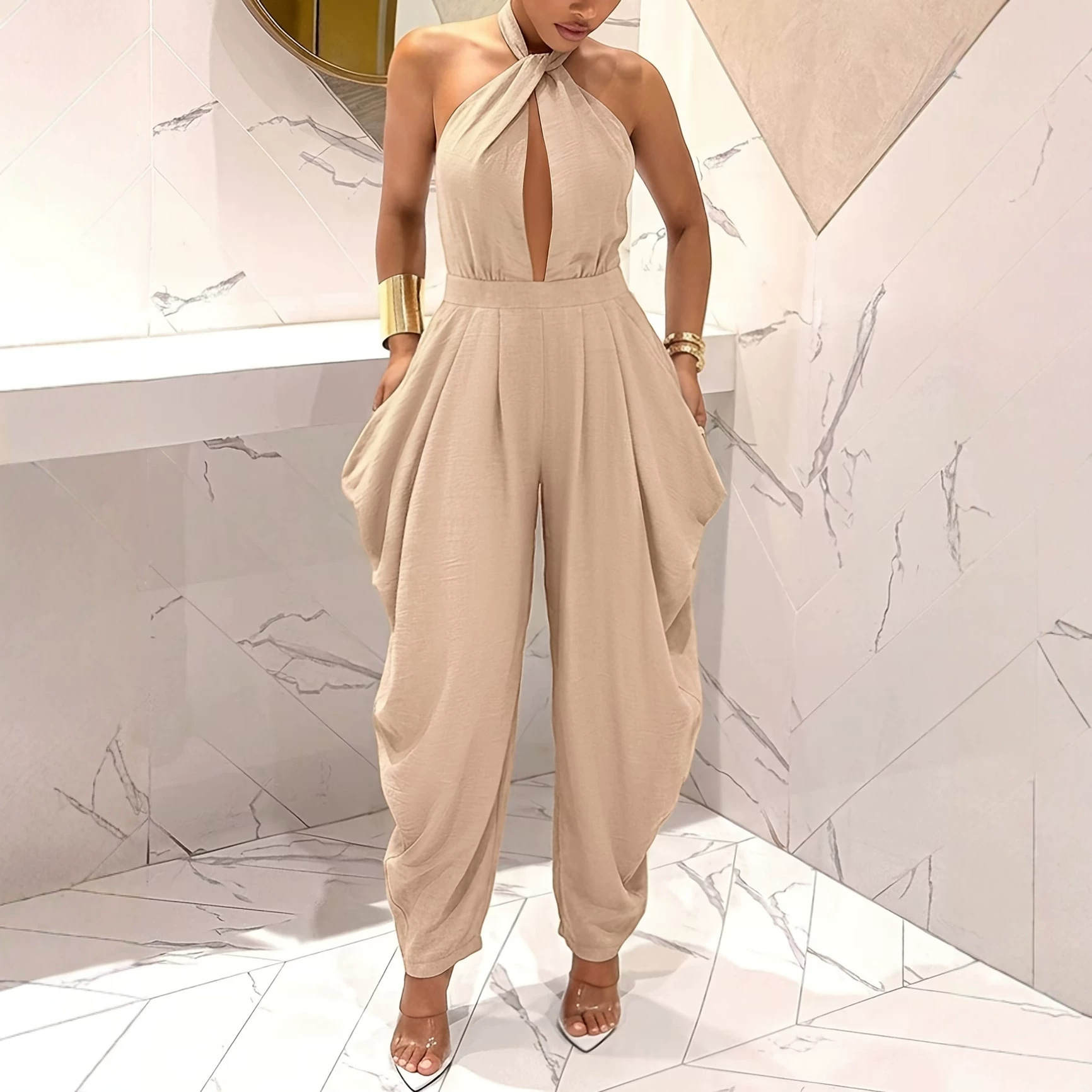 Halter-neck Crossover Backless Jumpsuit With Pleated Wide-leg Harem Pants