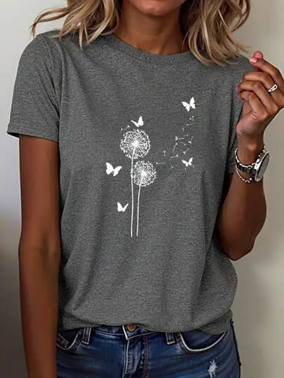 Dandelion Butterfly Pattern Round Neck Short Sleeve Darkgrey - Shop at LoveMi