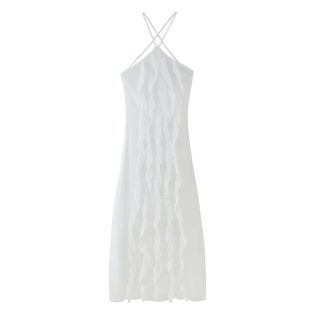Pure Color Halter Backless Lace-up Sleeveless Ruffled Pleated Dress - White