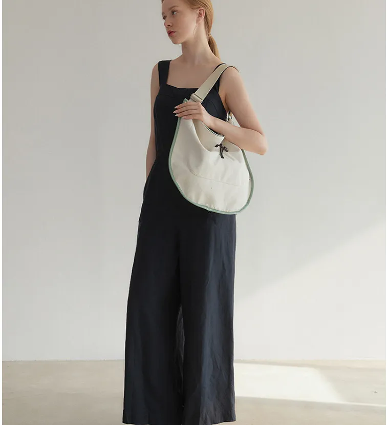 Contrast Colour Texture Drawstring Tote Large Capacity Canvas Stitching Leather Simple Bag - White