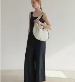 Contrast Colour Texture Drawstring Tote Large Capacity Canvas Stitching Leather Simple Bag - White - View 1