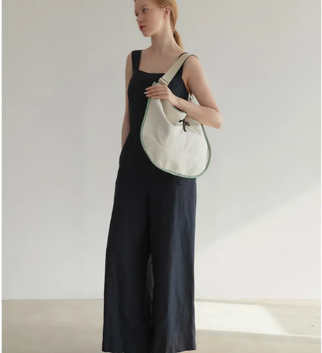 Contrast Color Texture Drawstring Tote Large Capacity Canvas Stitching Leather Simple Bag White - Shop at LoveMi