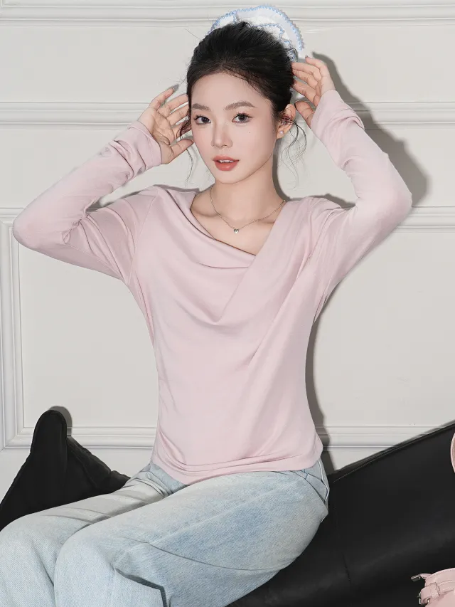 Solid Color Off shoulder Cashmere Long sleeve Top Pink - Shop at LoveMi
