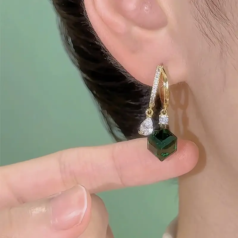 Green Cube Sugar Crystal Earrings Zircon Earrings