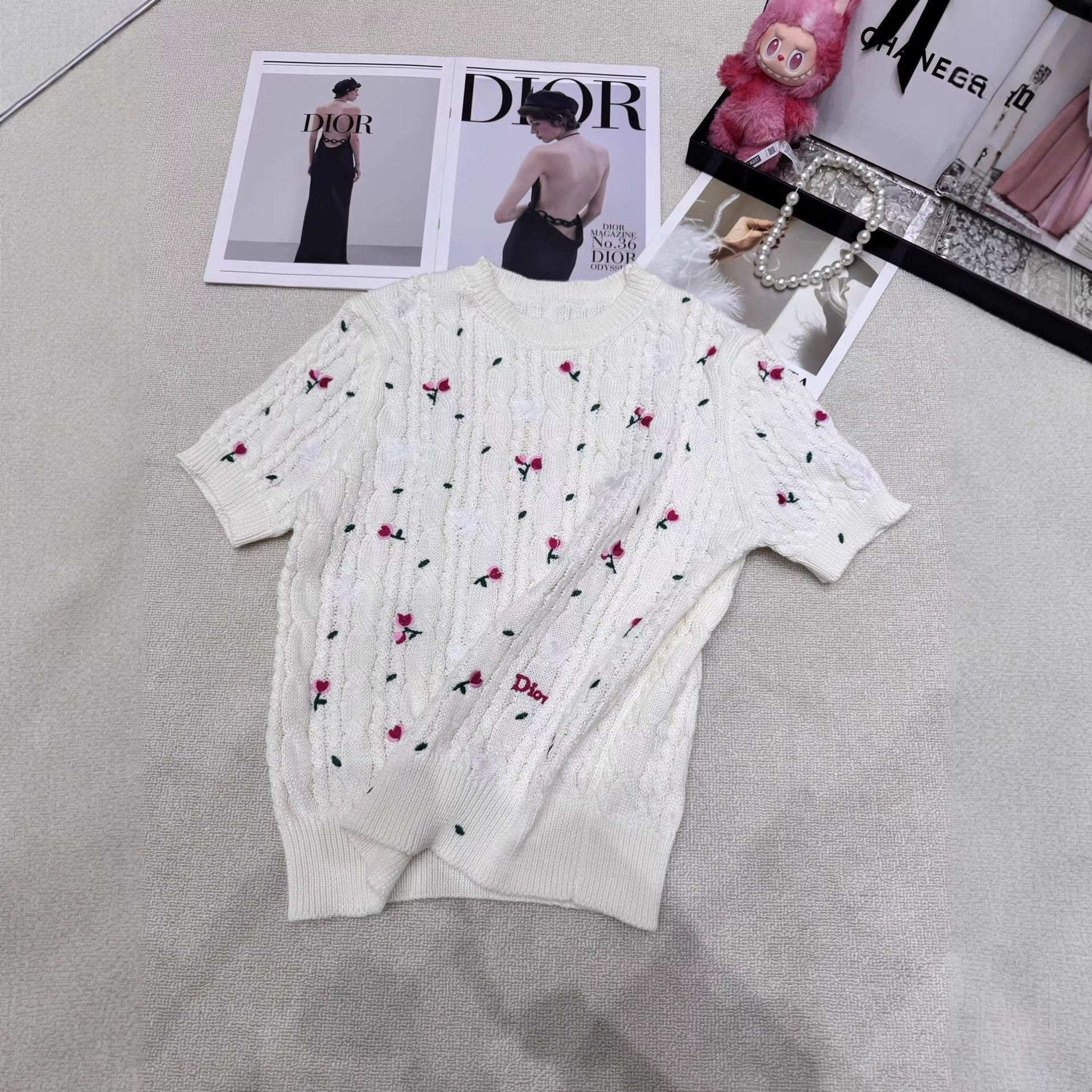 Womens Rose-Embroidered Knitted Short-Sleeve Top — image 1