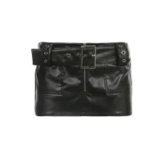 Metal Adjustment Buckle Skinny Sheath Leather Skirt Sexy All-matching A- Line Skirt - Black - View 1