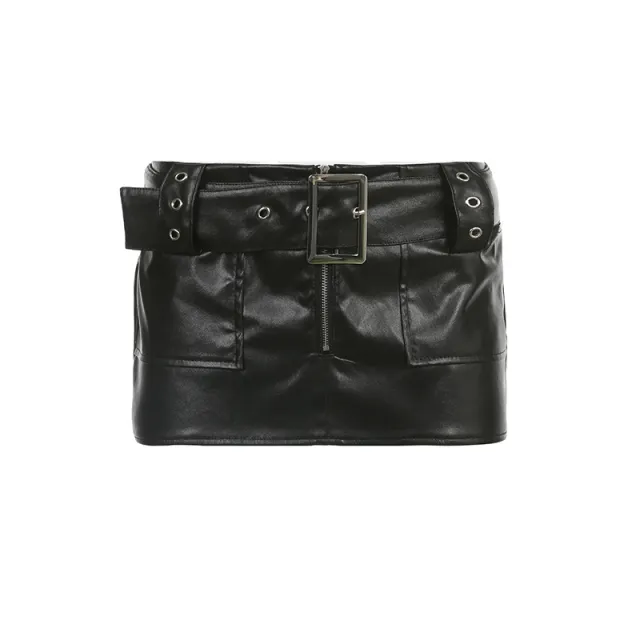Metal Adjustment Buckle Skinny Sheath Leather Skirt Sexy All matching A Line Skirt Black - Shop at LoveMi