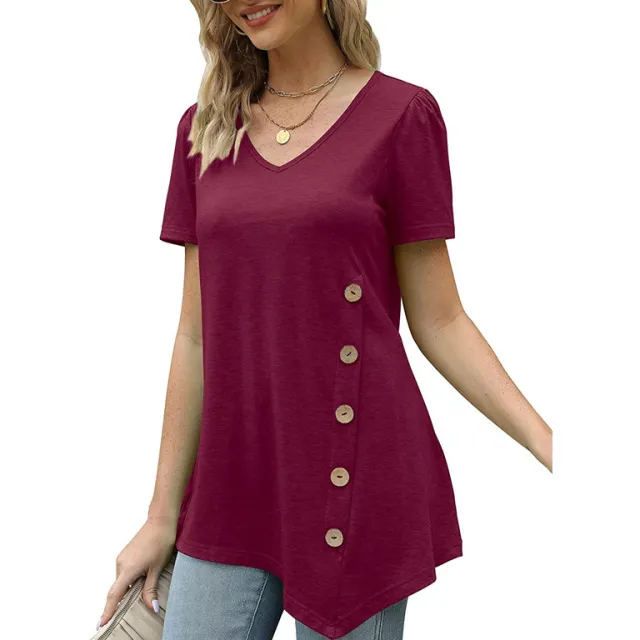 Women's Summer Top Casual Short Sleeve V neck Loose Casual T shirt Burgundy - Shop at LoveMi