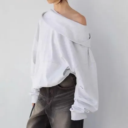 Single layer Fleece lined Hooded Sweater American Casual Short Light Gray - Shop at LoveMi