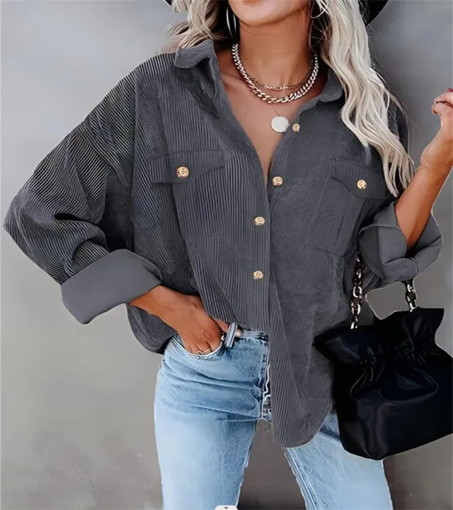 Autumn And Winter New Solid Color Button Corduroy Long Sleeve Loose Coat Women's Clothing Dark Gray - Shop at LoveMi