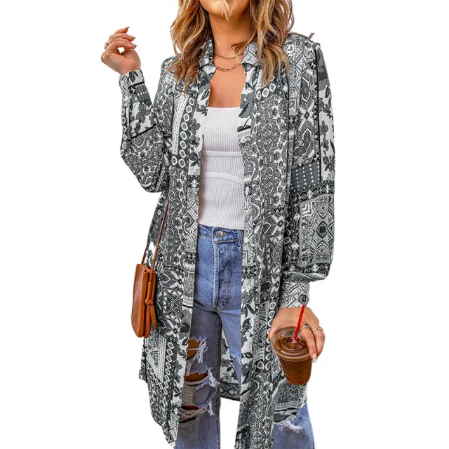 Bohemian Shirt Lapel Loose Casual Printed Long Cardigan Gray - Shop at LoveMi
