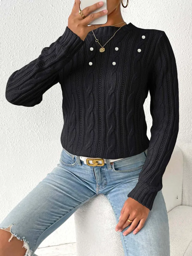 Women's Simple Pearl Beaded Sweater Black 8Beads - Shop at LoveMi