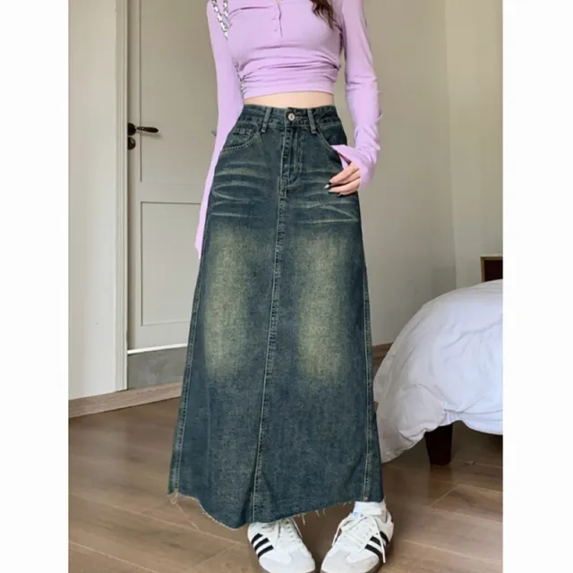 Retro High Waist Raw Hem Denim Skirt Retro Nostalgic Xl - Shop at LoveMi