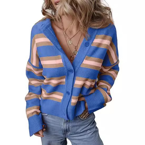 Striped Color Stitching Knitted Cardigan Women's Clothing - Image 13