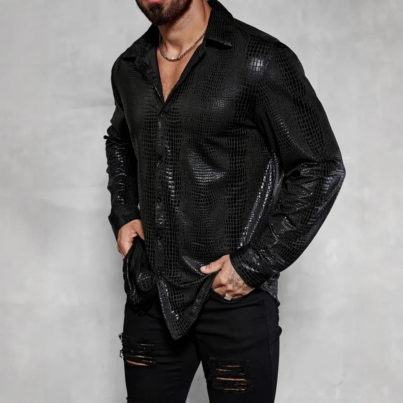 Men's Casual Crocodile-Print Long-Sleeve Shirt