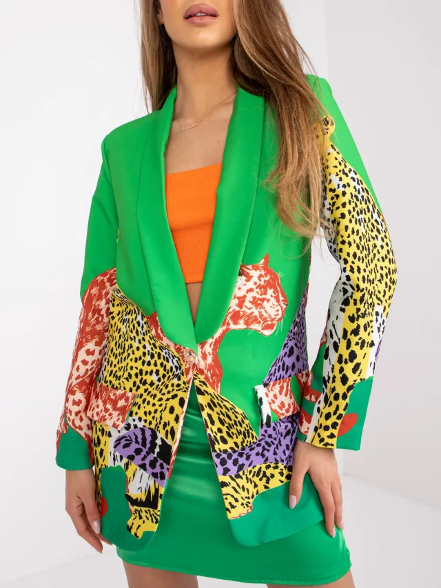 Leopard Print Contrast Color Slim Fit Long Suit Jacket Women Green - Shop at LoveMi