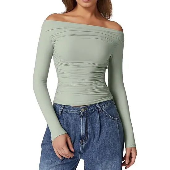 European And American Women's Clothing Top Off shoulder Long Sleeve T shirt Light Green 155 - Shop at LoveMi