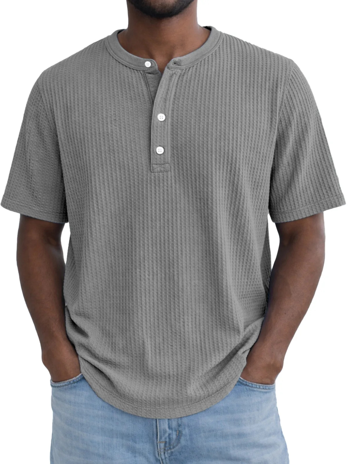 Short-Sleeve Waffle-Weave Henry Collar T-Shirt