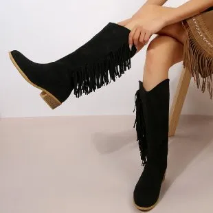 Plus Size Suede Long Tube Tassel Boots Low Heel - Black