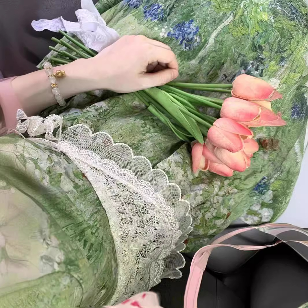 Wear A Set Of Korean Floral Dress Mid-length Women's Lace Drawstring Slim-fit Skirt