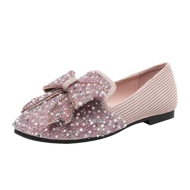 Women's Korean style Bow Pearl Flat Shoes Pink - Shop at LoveMi