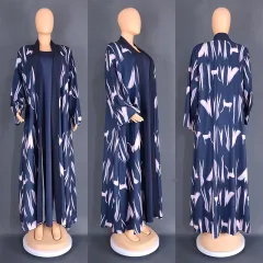 Digital Printing Cardigan Long Robe European And American Clothing Two-piece Suit 8839 - Dark Blue - View 1
