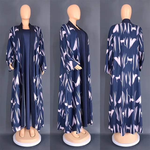 Digital Printing Cardigan Long Robe European And American Clothing Two piece Suit 8839 Dark Blue - Shop at LoveMi
