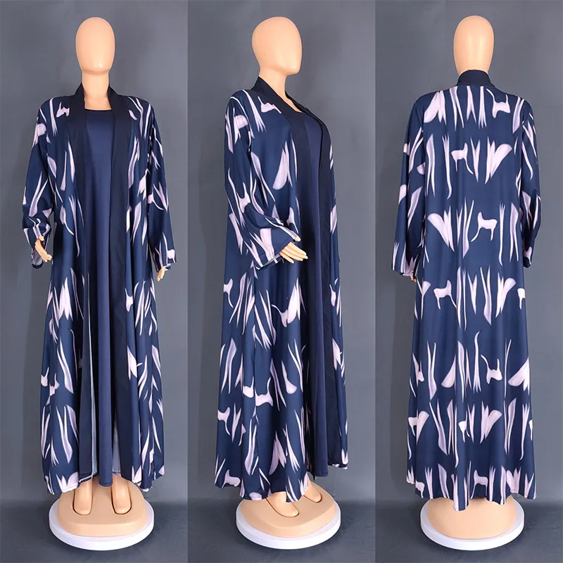 Digital Printing Cardigan Long Robe European And American Clothing Two-piece Suit 8839 - Dark Blue