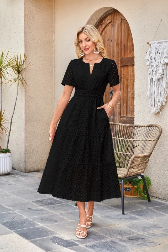 V neck Hollow Pleated Short Sleeves Long Dress Black - Shop at LoveMi