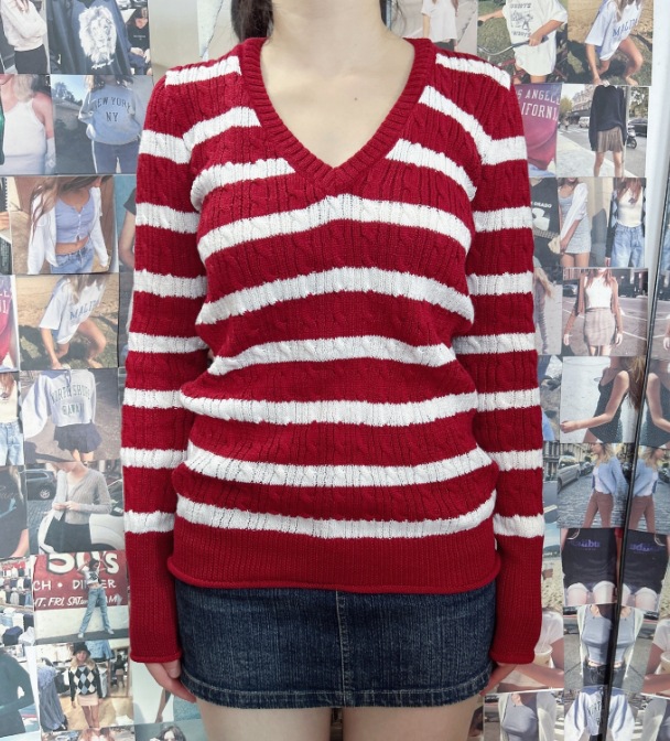 Loose V-neck Red And White Striped Cable-knit Sweater Coat