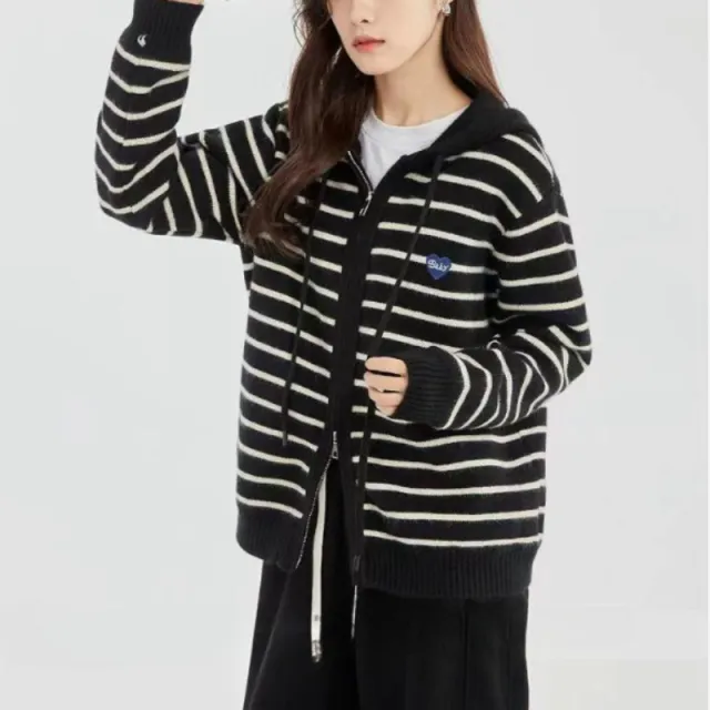 Loose Sports And Leisure Gray Hooded Knit Cardigan Coat For Women Black Stripes - Shop at LoveMi