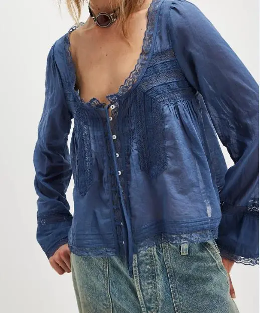Lace U shaped Lace Collar Long Sleeve Light Shirt Navy Blue - Shop at LoveMi