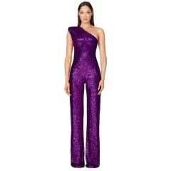 Sleeveless One-shoulder Fashion High Waist Design Sequined Jumpsuit - Purple - View 1