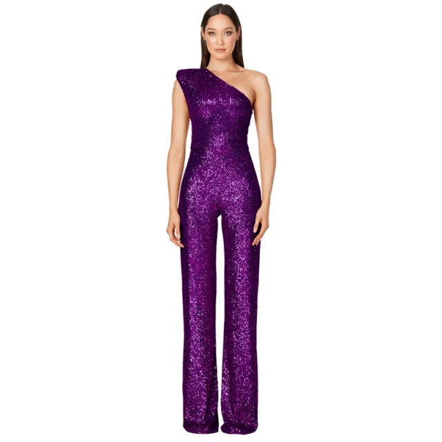 Sleeveless One shoulder Fashion High Waist Design Sequined Jumpsuit Purple - Shop at LoveMi