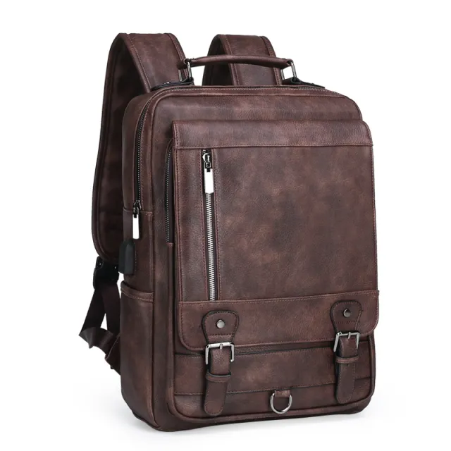Men's Leather New Large Capacity USB Charging Backpack Brown - Shop at LoveMi