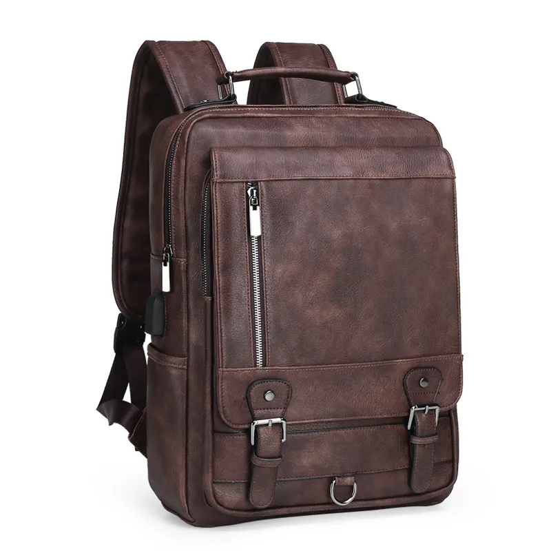 Men's Leather New Large Capacity USB Charging Backpack - Brown