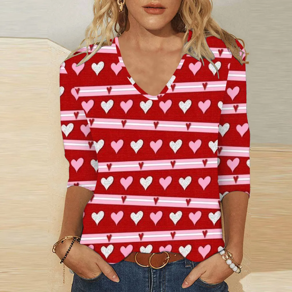 3d Digital Printing Valentine's Day Heart Printing Women's Cute Casual Loose V-neck 34 Sleeves T-shirt - Vqfxch0853-M