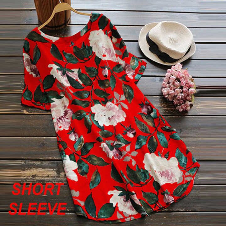 Cotton Linen Round-neck Printed Sweet And Loose Short Sleeve Dress