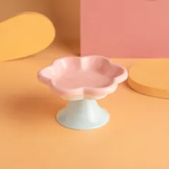 Pet Ceramic Cat Bowl Flower High Foot Anti-turning Enamel Stain Resistant Supplies Food Basin - Blue And Yellow - View 1