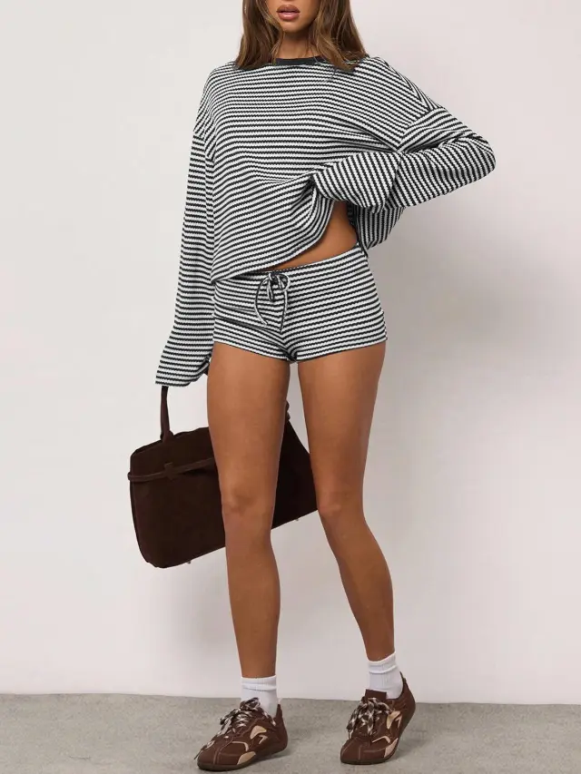 Casual Sporty Loose fitting Striped Long sleeve Top And Drawstring Shorts White - Shop at LoveMi